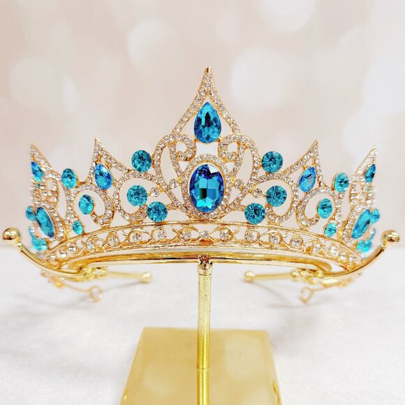 Gold crystal tiara, blue crystal crown, birthday princess tiara, vintage crown main image 7